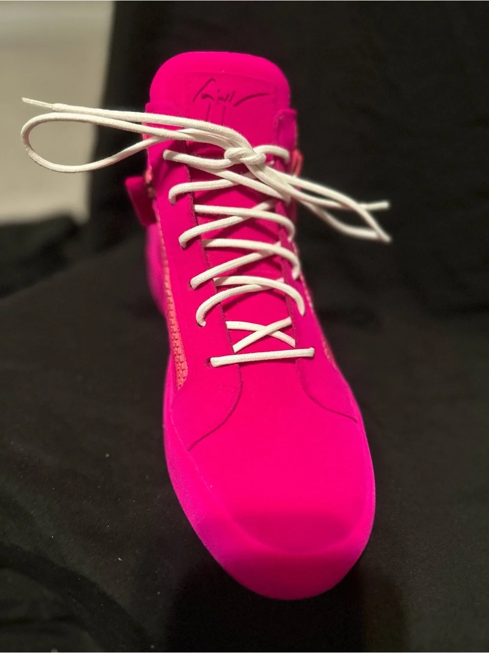 Giuseppe Zanotti Flocked Hot Pink High-Top Sneaker with White Laces